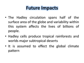 Future Impacts
• The Hadley circulation spans half of the
surface area of the globe and variability within
this system affects the lives of billions of
people.
• Hadley cells produce tropical rainforests and
worlds major subtropical deserts
• It is assumed to effect the global climate
pattern
 