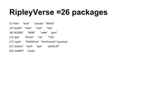 RipleyVerse =26 packages
[1] "itree" "boot" "polyclip" "MASS"
[5] "spatial" "class" "nnet" "tree"
[9] "RODBC" "MDM" "rattle" "gnm"
[13] "gap" "Rcmdr" "car" "TSA"
[17] "xgobi" "RODBCext" "KernSmooth" "quantreg"
[21] "pspline" "rpart" "gee" "pbdSLAP"
[25] "pbdMPI" "mpath
 