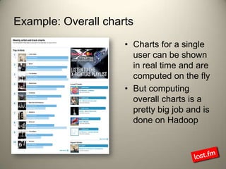 Example: Overall chartsCharts for a single user can be shown in real time and are computed on the flyBut computing overall charts is a pretty big job and is done on Hadoop