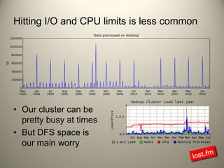 Hitting I/O and CPU limits is less common<br />Our cluster can be pretty busy at times<br />But DFS space is our main worr...