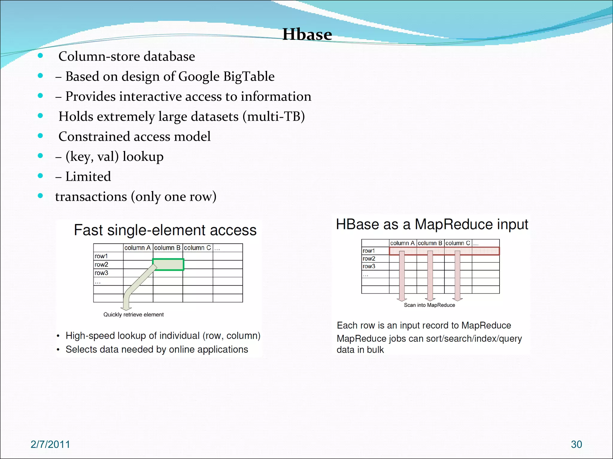 Hbase Column-store database –  Based on design of Google BigTable –  Provides interactive access to information Holds extremely large datasets (multi-TB) Constrained access model –  (key, val) lookup –  Limited  transactions (only one row) 2/7/2011 