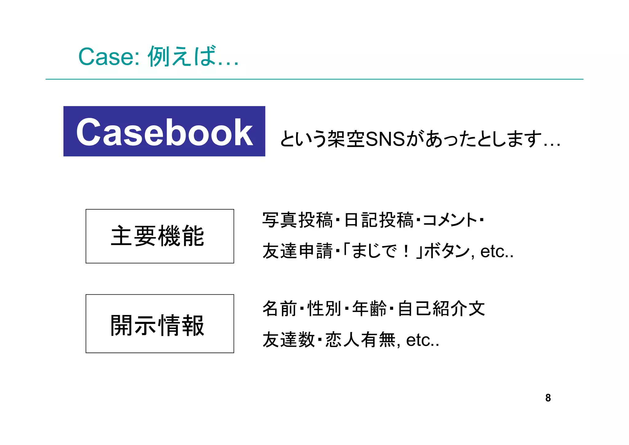 Case: 例えば…


Casebook      という架空SNSがあったとします…



             写真投稿・日記投稿・コメント・
 主要機能
             友達申請・「まじで！」ボタン, etc..


             名前・性別・年齢・自己紹介文
 開示情報
             友達数・恋人有無, etc..


                                     8
 