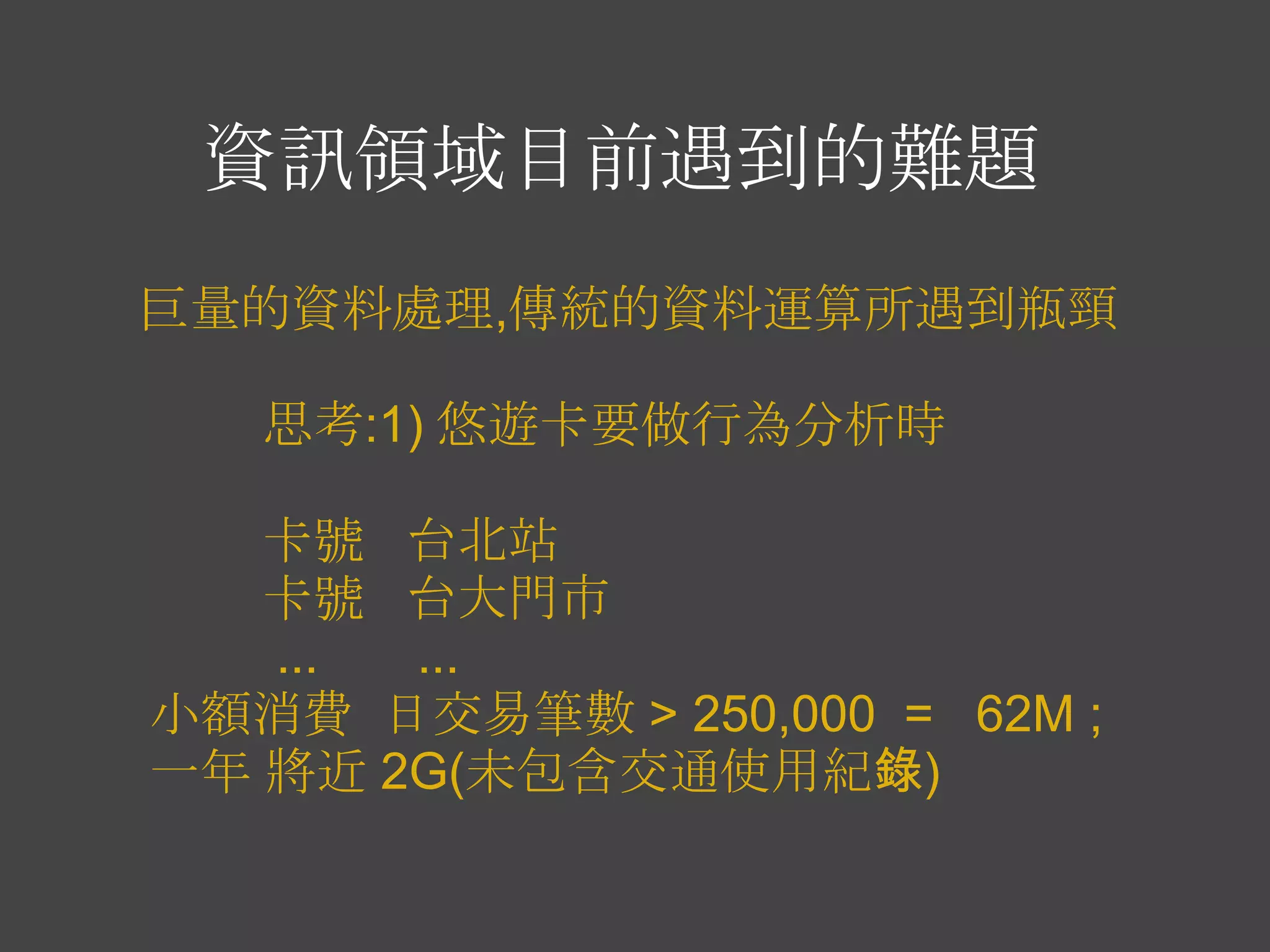 資訊領域目前遇到的難題
巨量的資料處理,傳統的資料運算所遇到瓶頸

   思考:1) 悠遊卡要做行為分析時

   卡號 台北站
   卡號 台大門市
   ... ...
小額消費 日交易筆數 > 250,000 = 62M ;
一年 將近 2G(未包含交通使用紀錄)
 