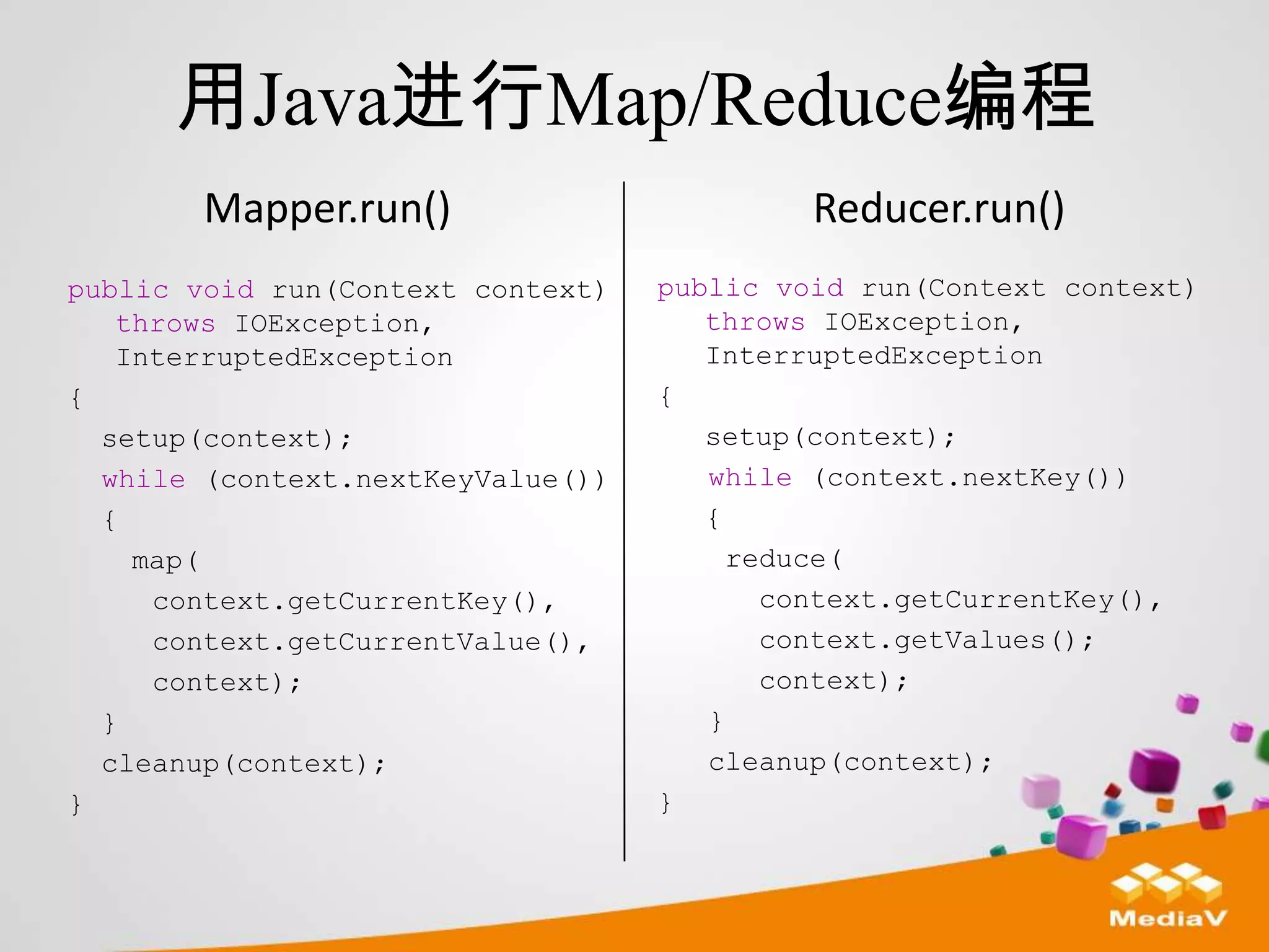 用Java进行Map/Reduce编程
        Mapper.run()                        Reducer.run()
public void run(Context context)   public void run(Context context)
   throws IOException,                throws IOException,
   InterruptedException               InterruptedException
{                                  {
  setup(context);                     setup(context);
  while (context.nextKeyValue())      while (context.nextKey())
  {                                   {
    map(                                reduce(
     context.getCurrentKey(),             context.getCurrentKey(),
     context.getCurrentValue(),           context.getValues();
     context);                            context);
  }                                   }
  cleanup(context);                   cleanup(context);
}                                  }
 