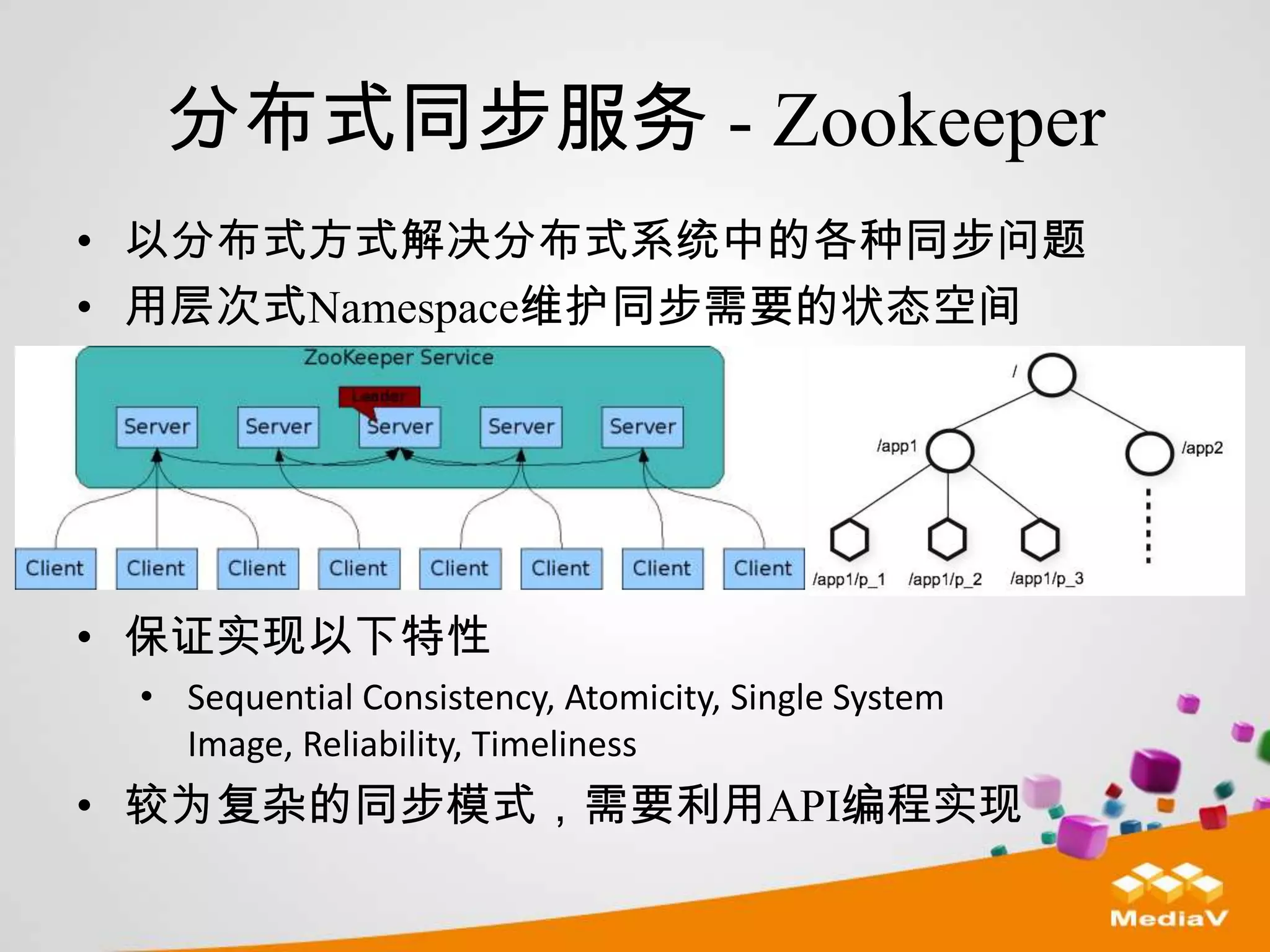 分布式同步服务 - Zookeeper
• 以分布式方式解决分布式系统中的各种同步问题
• 用层次式Namespace维护同步需要的状态空间




• 保证实现以下特性
 • Sequential Consistency, Atomicity, Single System
   Image, Reliability, Timeliness
• 较为复杂的同步模式，需要利用API编程实现
 