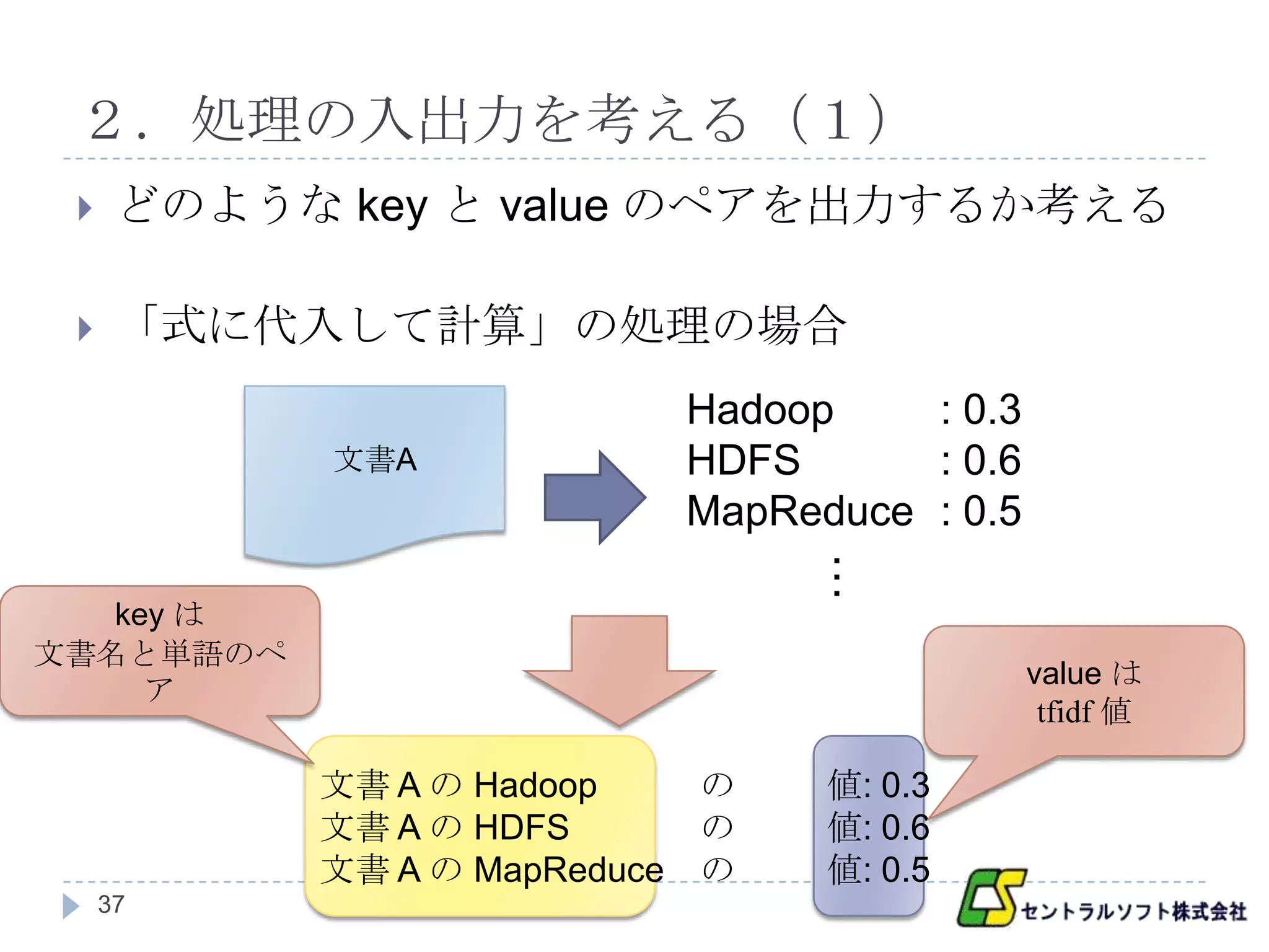 ２．処理の入出力を考える（１）
     どのような key と value のペアを出力するか考える

     「式に代入して計算」の処理の場合
                              Hadoop    : 0.3
            文書A               HDFS      : 0.6
                              MapReduce : 0.5




                                    …
   key は
文書名と単語のペ
                                                value は
     ア
                                                 tfidf 値

           文書 A の Hadoop      の     値: 0.3
           文書 A の HDFS        の     値: 0.6
           文書 A の MapReduce   の     値: 0.5
     37
 