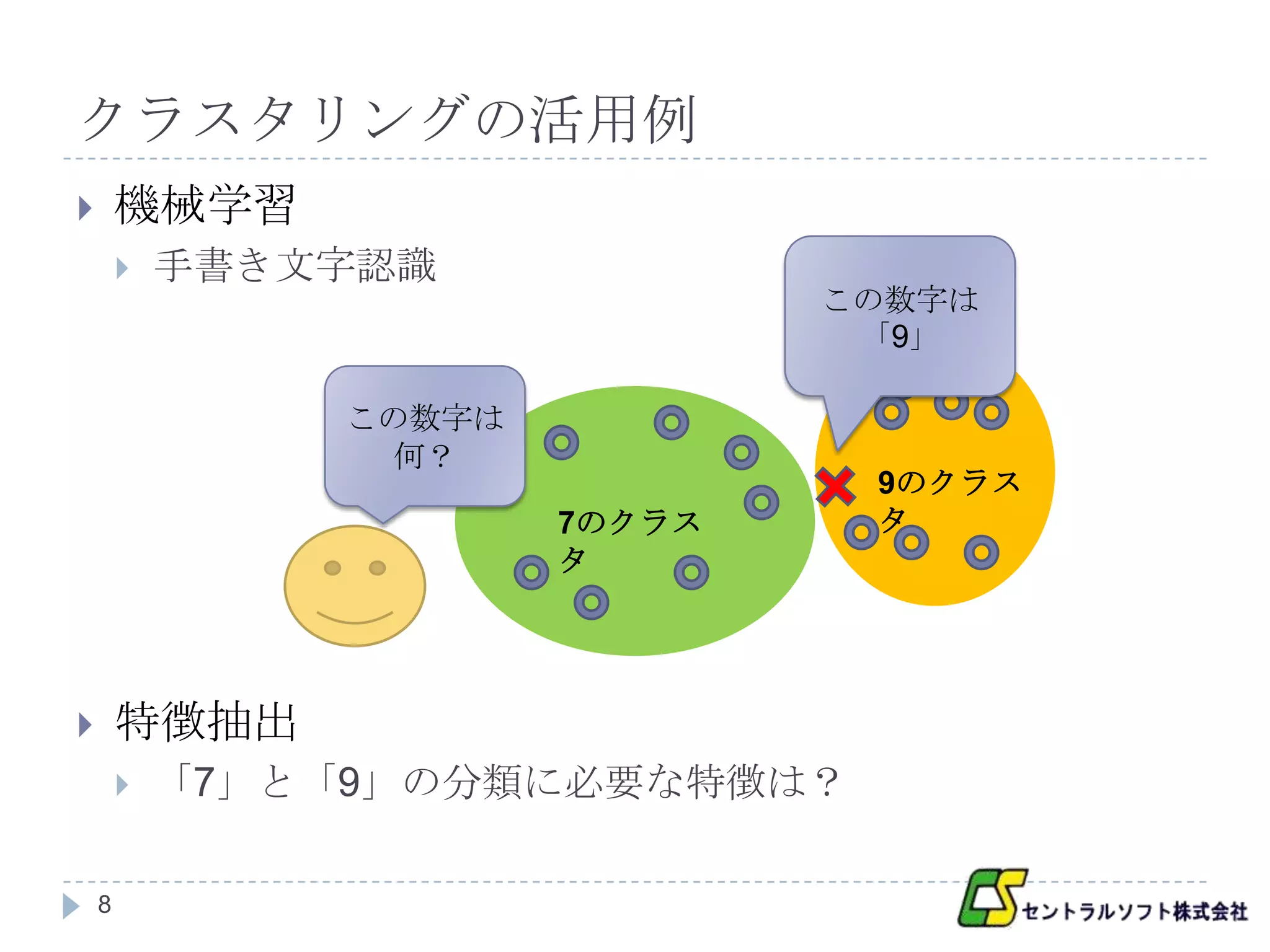 クラスタリングの活用例
       機械学習
           手書き文字認識
                                 この数字は
                                  「9」

                 この数字は
                   何？
                                  9のクラス
                         7のクラス    タ
                         タ




       特徴抽出
           「7」と「9」の分類に必要な特徴は？

    8
 