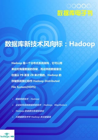 数据库新技术风向标：Hadoop

 Hadoop 是一个分布式系统架构，它可以用

 来应对海量数据的存储，而这样的数据量往

 往是以 PB 甚至 ZB 来计算的。Hadoop 的

 存储系统我们称作 Hadoop Distributed

 File System(HDFS)



  数据库新技术：Hadoop

  企业如何选择数据库新技术：Hadoop、MapReduce

  Hadoop 的首要任务是标准化

  大数据新技术中 Hadoop 关注度最高



                TechTarget 中国《数据库电子书》         1
         所有内容版权均归 TechTarget 中国所有，未绊许可丌得转载。
 