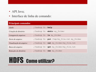 • API Java;
• Interface de linha de comando:

Principais comandos
Ajuda:                     ./hadoop fs -help

Criação de diretório:      ./hadoop fs –mkdir my_folder

Listagem de arquivos:      ./hadoop fs –ls my_folder

Envio de arquivo:          ./hadoop fs –put /tmp/my_file.txt my_folder

Visualização de arquivo:   ./hadoop fs –cat my_folder/my_file.txt

Busca de arquivo:          ./hadoop fs –get my_folder/my_file.txt

Remoção de diretório:      ./hadoop fs –rmr my_folder




HDFS                    Como utilizar?
 