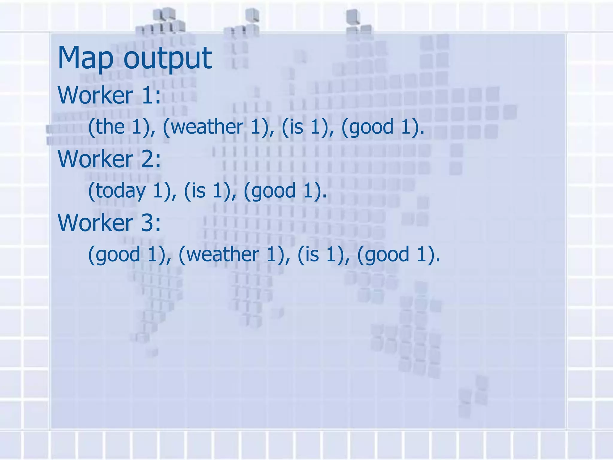 Map output
Worker 1:
  (the 1), (weather 1), (is 1), (good 1).
Worker 2:
  (today 1), (is 1), (good 1).
Worker 3:
  (good 1), (weather 1), (is 1), (good 1).
 