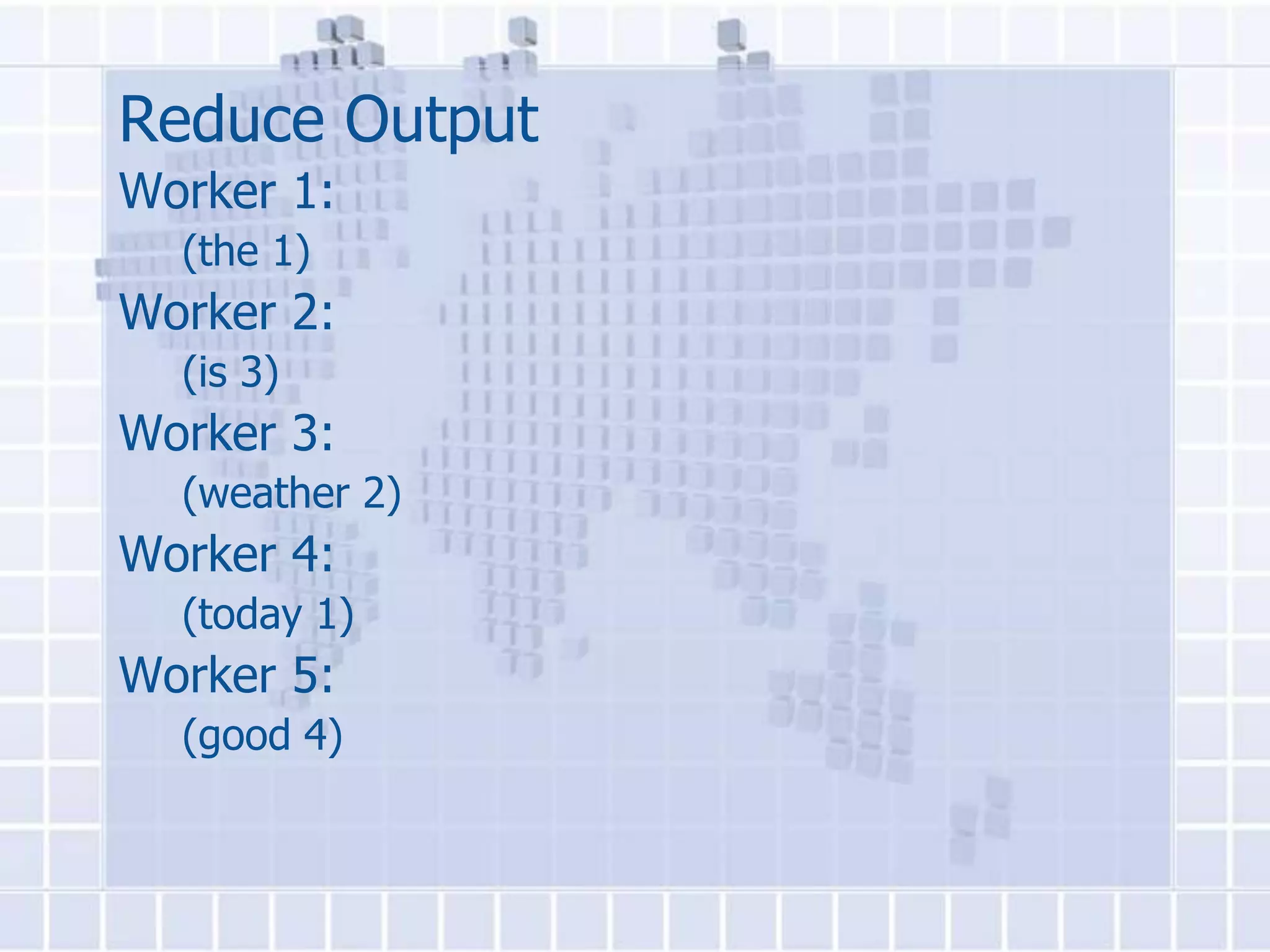 Reduce Output
Worker 1:
  (the 1)
Worker 2:
  (is 3)
Worker 3:
  (weather 2)
Worker 4:
  (today 1)
Worker 5:
  (good 4)
 