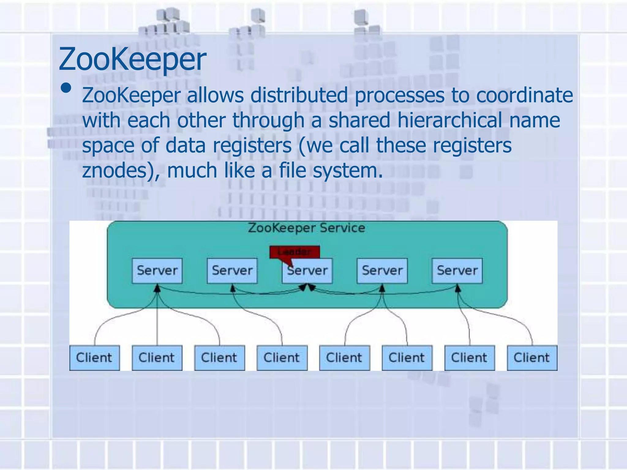 ZooKeeper
• ZooKeeper allows distributed processes to coordinate
  with each other through a shared hierarchical name
  space of data registers (we call these registers
  znodes), much like a file system.
 