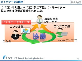 ビッグデータG創設

（「コンサル型」＋「エンジニア型」）×マーケター
協力できる体制が整備されました。


                事業担当者
ビッグデータグループ      ≒マーケター
   コンサル型           エンジニア型




分析者                  Hadoopエンジニア




                               10
 
