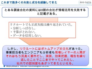 これまで数多くの失敗と成功を経験してきた

 とある調査会社の資料には8割の会社が情報活用を失敗する
            と記載がある。


   リクルートでも正直失敗は繰り返されていた。
   ・分析しっぱなし。
   ・予算がとれない。
   ・データを信用しない。



  しかし、リクルートにはボトムアップの文化があった。
 事業担当者もエンジニアも分析者も現場レイヤーの人間が
 それはもう泥臭く要件だし、実装、効果把握、報告を繰り
      返したことでここまでやってこれたし、
     社内での認知度もあがってきたといえる。
 