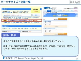 パーソナライズド企業一覧




説明と効果

 個人の行動履歴をもとに会員にお勧め企業一覧を100件レコメンド。

 結果12/18~24までの7日間で18000ものエントリーがあり、そのうち一括エント
 リーが149回（13410件）という結果が得られた。



                                              20
 