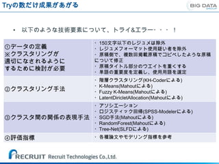 Tryの数だけ成果があがる


 • 以下のような技術要素について、トライ&エラー・・・！

                 ・150文字以下のレジュメは除外
①データの定義          ・レジュメフォーマット使用疑い者を除外
※クラスタリングが        ・原稿側で、複数回掲載原稿でコピペしたような原稿
適切になされるように       について修正
                 ・原稿タイトル部分のウエイトを重くする
するために検討が必要
                 ・単語の重要度を定義し、使用用語を選定
                 ・階層クラスタリング(KH-Coderによる)
                 ・K-Means(Mahoutによる)
②クラスタリング手法       ・Fuzzy K-Means(Mahoutによる)
                 ・LatentDiricletAllocation(Mahoutによる)
                 ・アソシエーション
                 ・ロジスティック回帰(SPSS-Modelerによる)
③クラスタ間の関係の表現手法   ・SGD手法(Mahoutによる)
                 ・RandomForest(Mahoutによる)
                 ・Tree-Net(SLFDによる)
④評価指標            ・各種論文やモデリング指標を参考
 