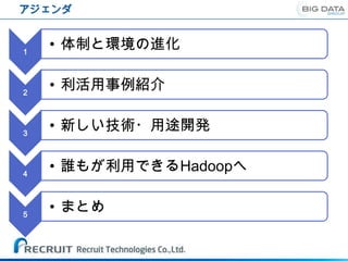 アジェンダ


1
    • 体制と環境の進化


2
    • 利活用事例紹介


3
    • 新しい技術・用途開発


4
    • 誰もが利用できるHadoopへ


5
    • まとめ
 