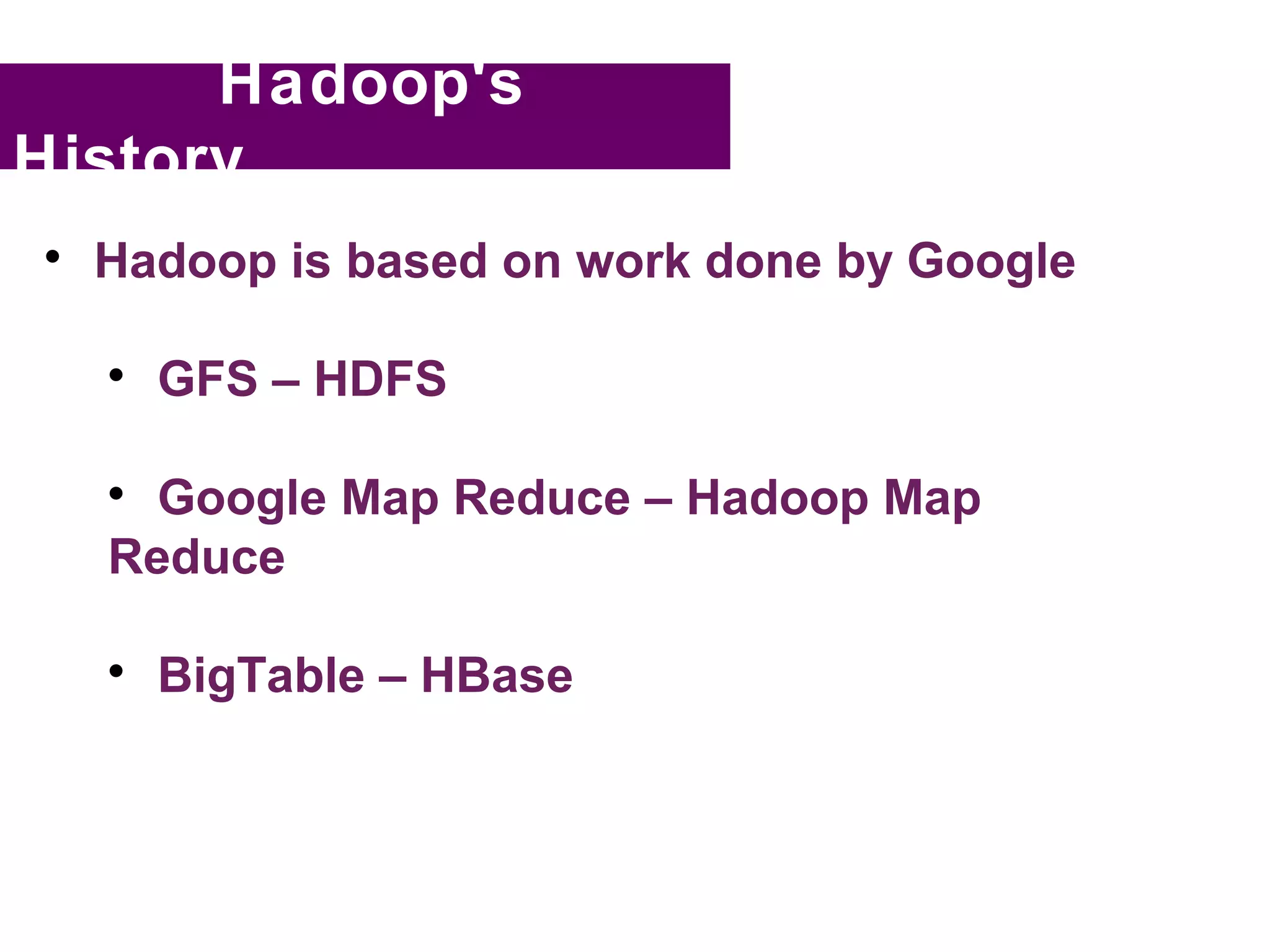 Hadoop's
History

    Hadoop is based on work done by Google

    
        GFS – HDFS

    
      Google Map Reduce – Hadoop Map
    Reduce

    
        BigTable – HBase
 