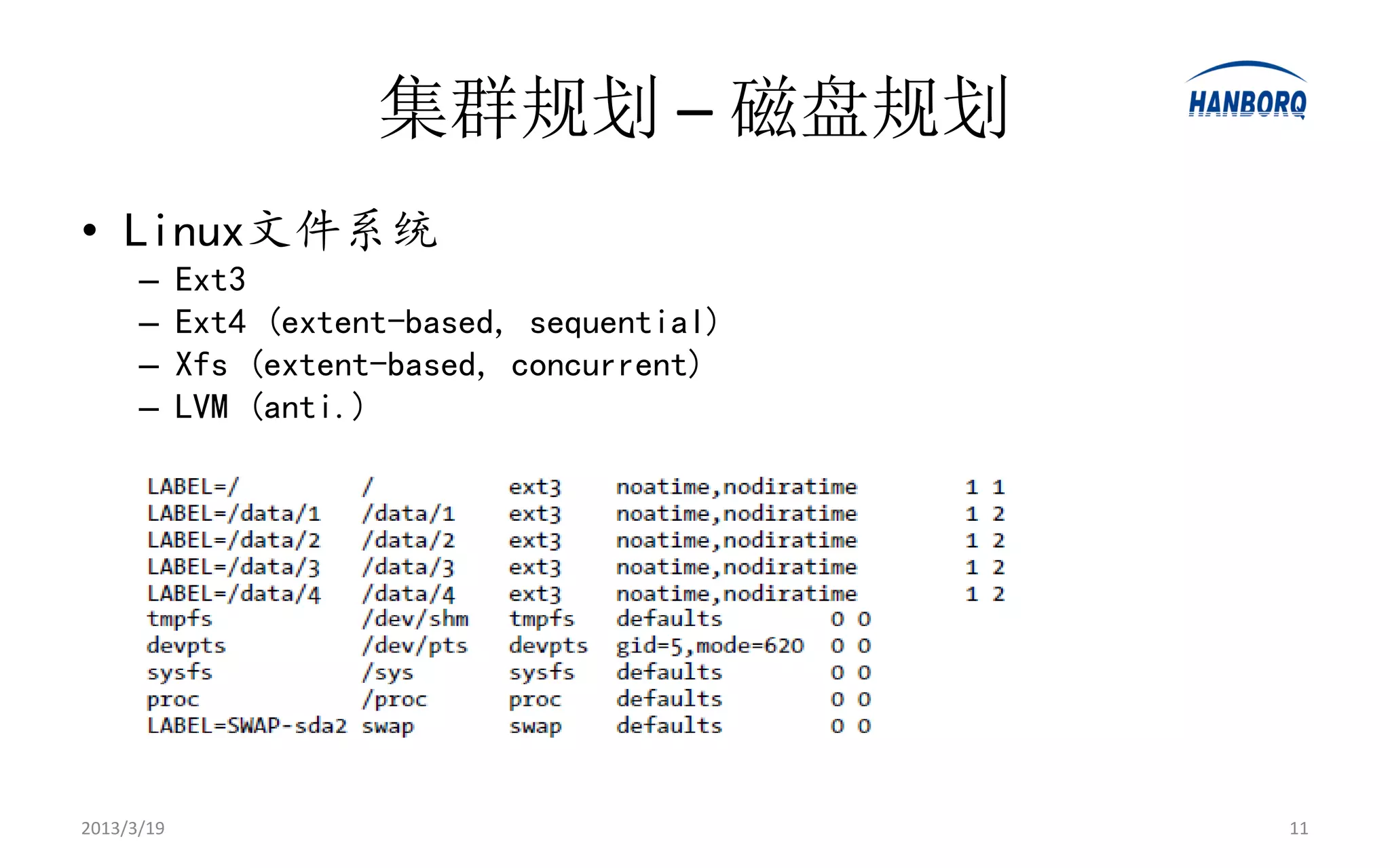 集群规划 – 磁盘规划
• Linux文件系统
      –     Ext3
      –     Ext4 (extent-based, sequential)
      –     Xfs (extent-based, concurrent)
      –     LVM (anti.)




2013/3/19                                     11
 