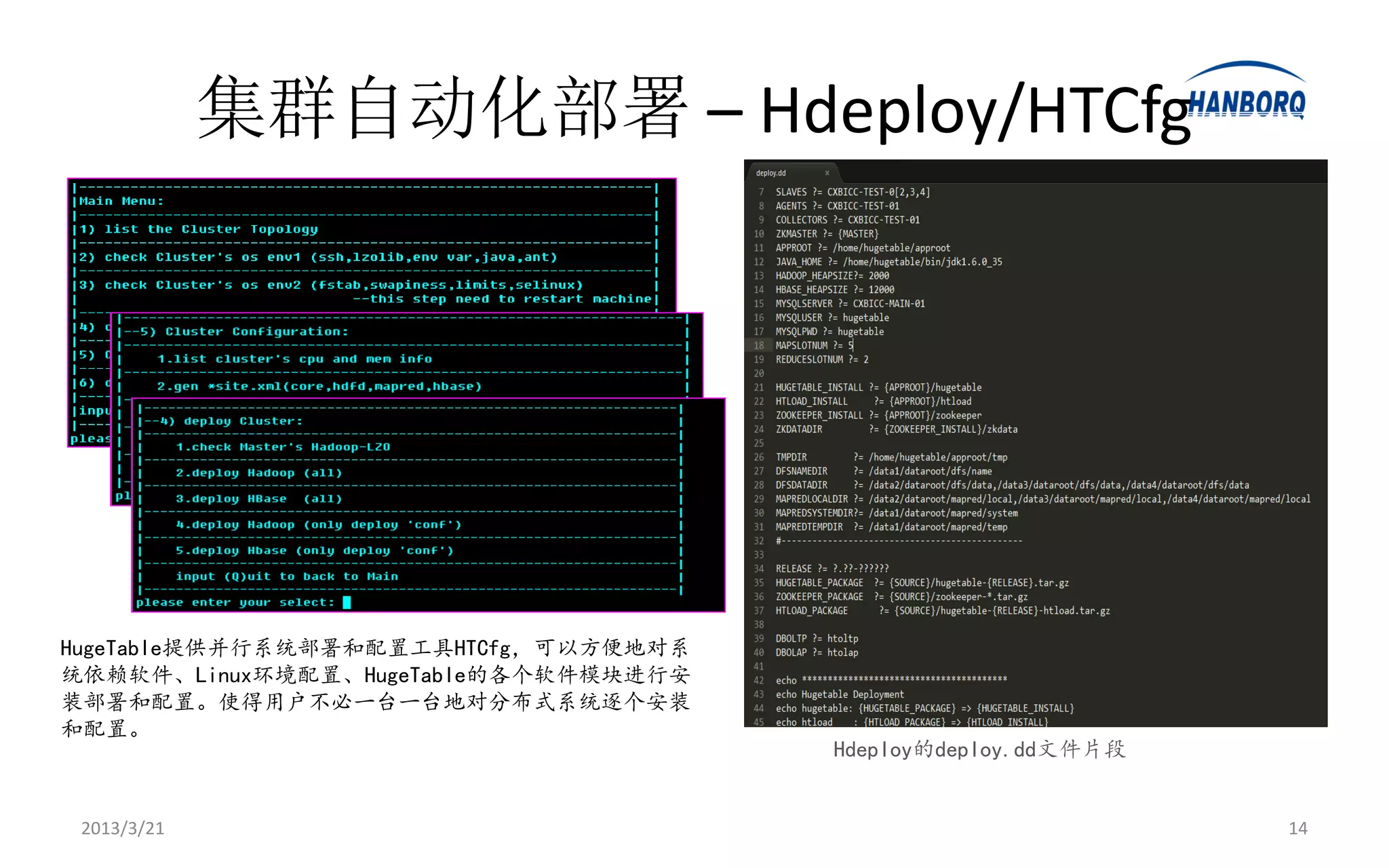 集群自动化部署 – Hdeploy/HTCfg




HugeTable提供并行系统部署和配置工具HTCfg，可以方便地对系
统依赖软件、Linux环境配置、HugeTable的各个软件模块进行安
装部署和配置。使得用户不必一台一台地对分布式系统逐个安装
和配置。
                                      Hdeploy的deploy.dd文件片段


 2013/3/21                                                    14
 