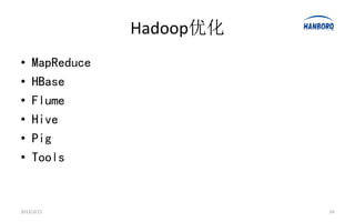 Hadoop优化
•   MapReduce
•   HBase
•   Flume
•   Hive
•   Pig
•   Tools


2013/3/21                  26
 