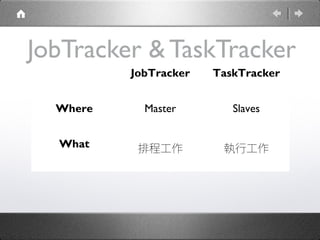 JobTracker & TaskTracker
JobTracker

TaskTracker

Where

Master

Slaves

What

排程工作

執行工作

 