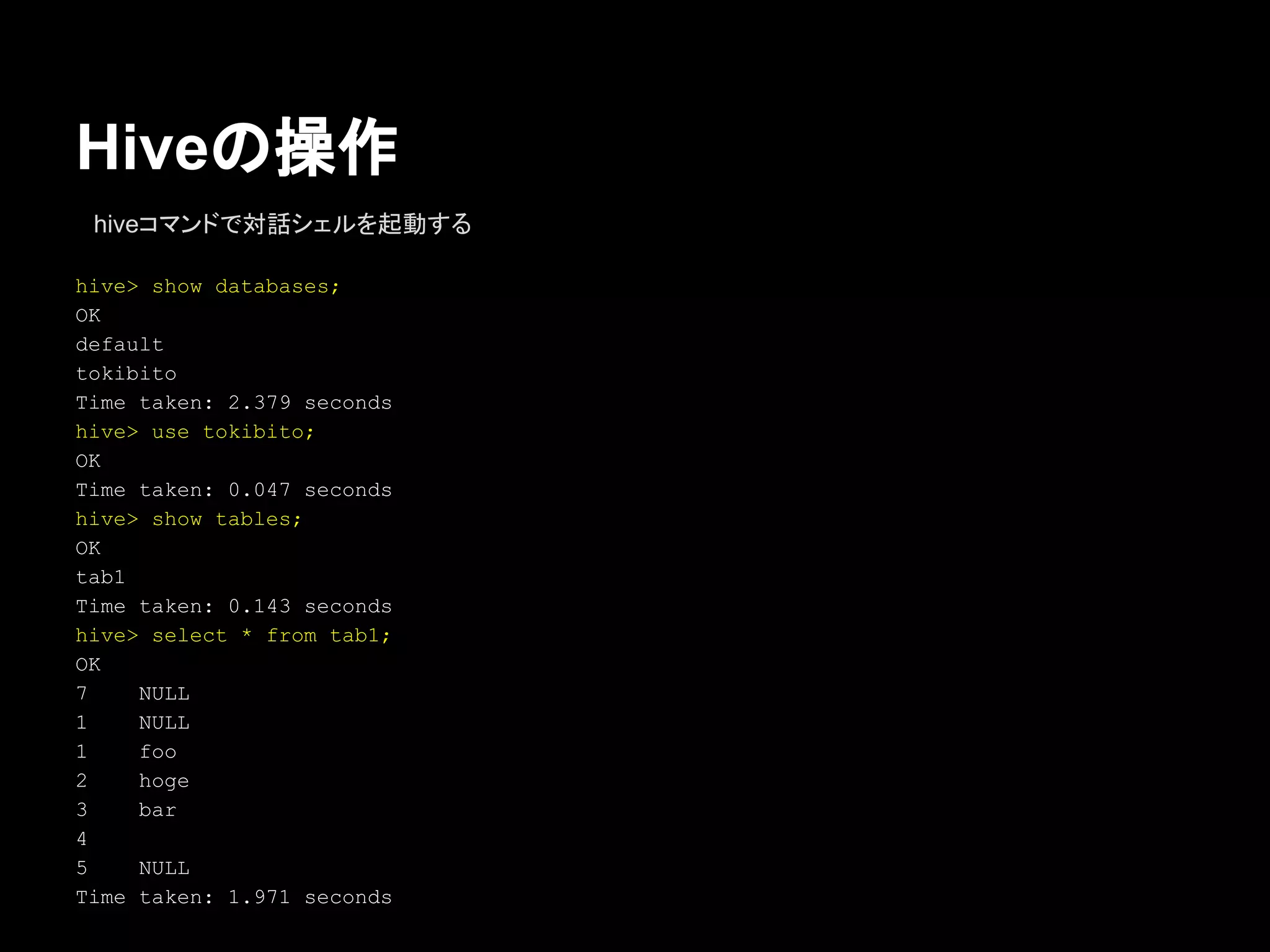 Hiveの操作
hiveコマンドで対話シェルを起動する
hive> show databases;
OK
default
tokibito
Time taken: 2.379 seconds
hive> use tokibito;
OK
Time taken: 0.047 seconds
hive> show tables;
OK
tab1
Time taken: 0.143 seconds
hive> select * from tab1;
OK
7
NULL
1
NULL
1
foo
2
hoge
3
bar
4
5
NULL
Time taken: 1.971 seconds

 