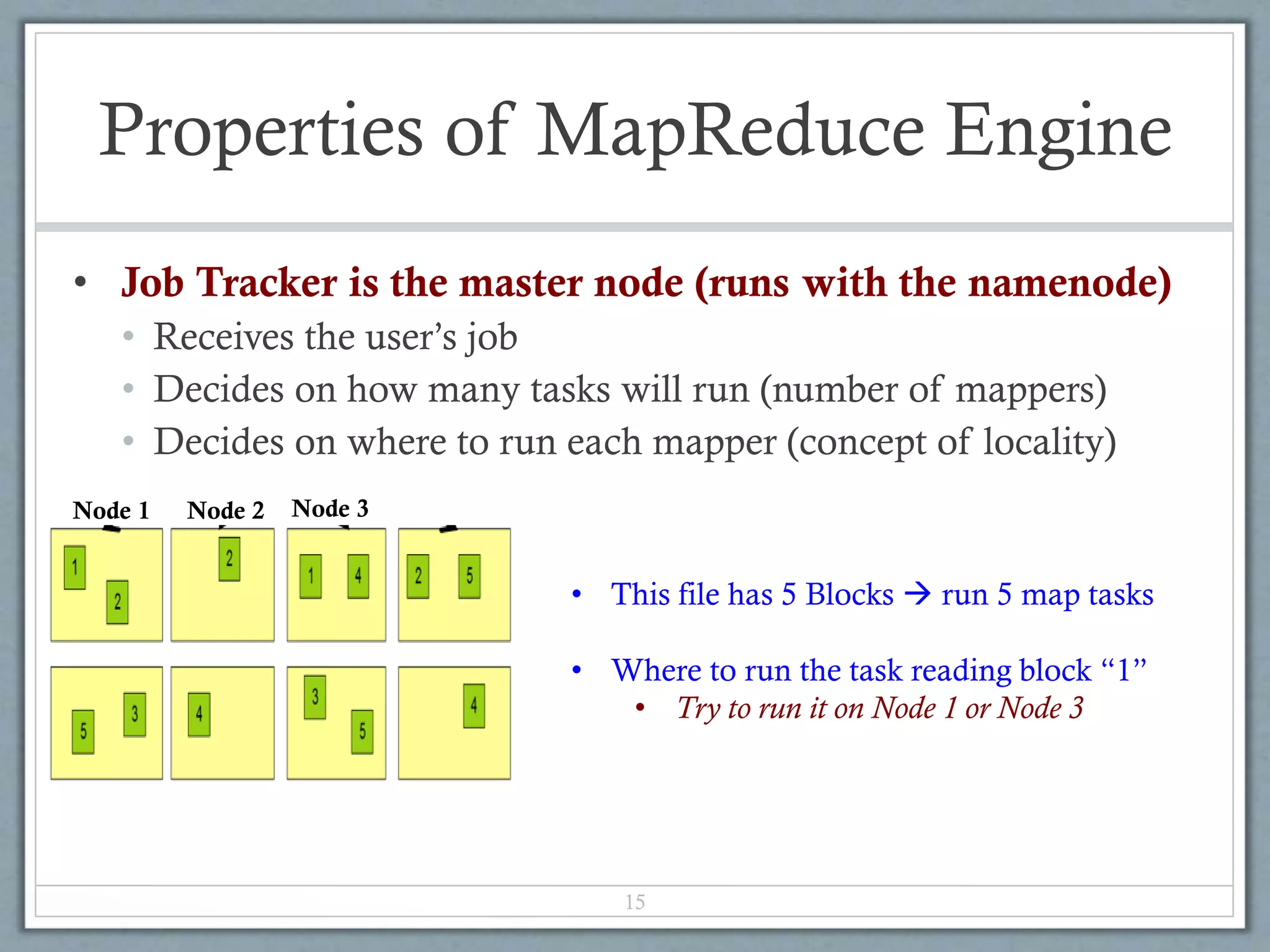 Properties of MapReduce Engine
• Job Tracker is the master node (runs with the namenode)
• Receives the user’s job
• Decides on how many tasks will run (number of mappers)
• Decides on where to run each mapper (concept of locality)
15
• This file has 5 Blocks  run 5 map tasks
• Where to run the task reading block “1”
• Try to run it on Node 1 or Node 3
Node 1 Node 2 Node 3
 