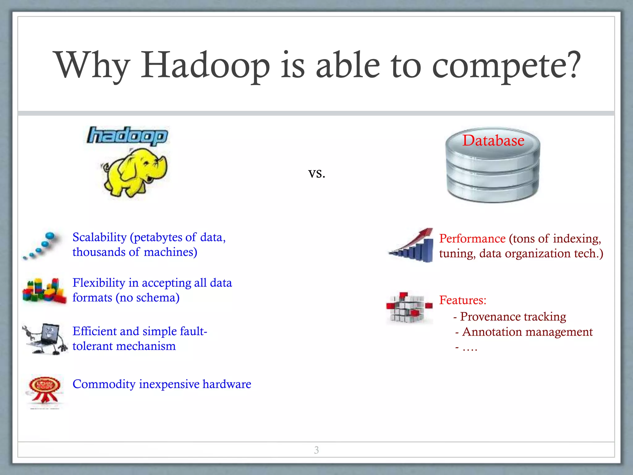 Why Hadoop is able to compete?
3
Scalability (petabytes of data,
thousands of machines)
Database
vs.
Flexibility in accepting all data
formats (no schema)
Commodity inexpensive hardware
Efficient and simple fault-
tolerant mechanism
Performance (tons of indexing,
tuning, data organization tech.)
Features:
- Provenance tracking
- Annotation management
- ….
 