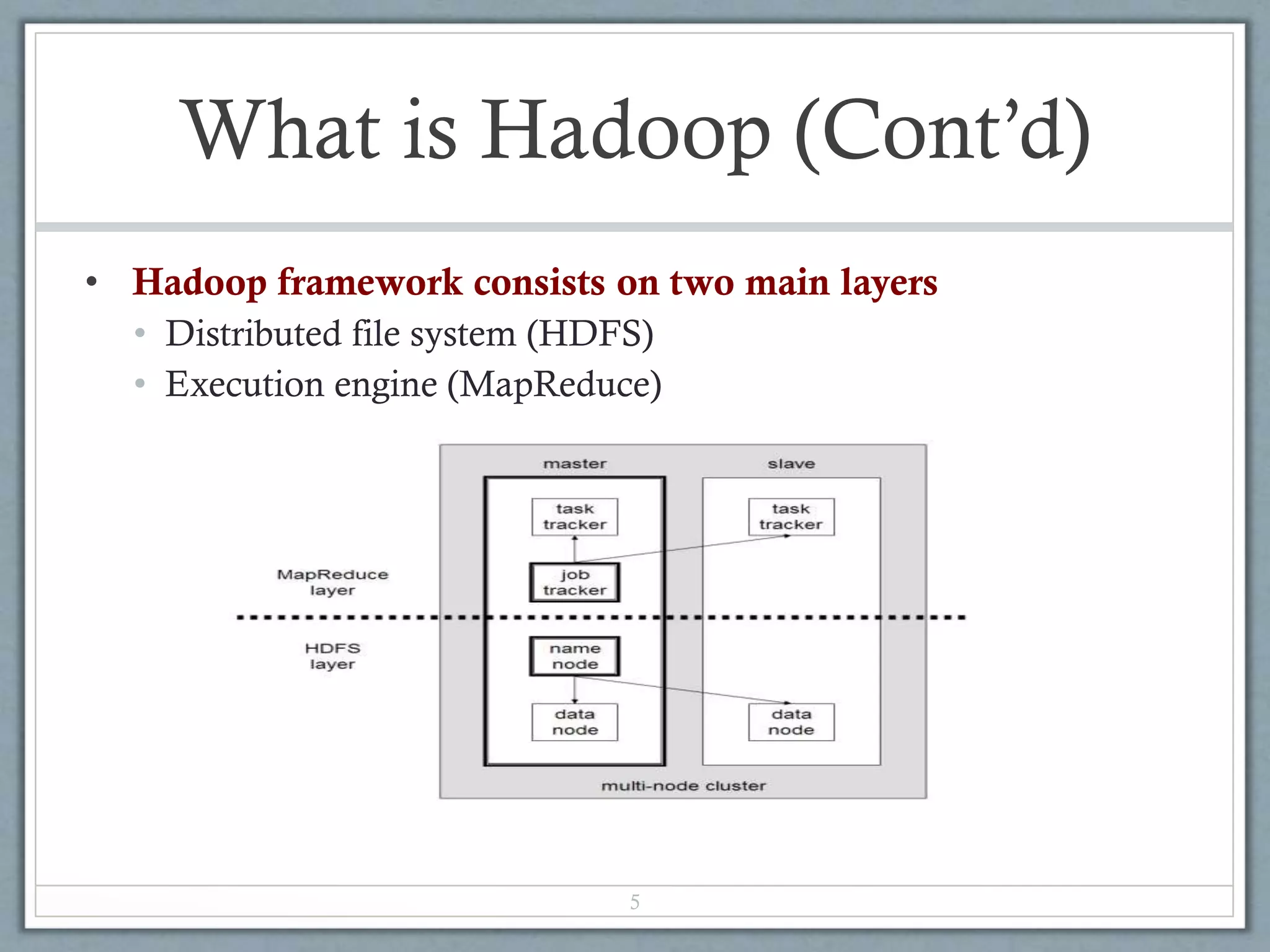 What is Hadoop (Cont’d)
• Hadoop framework consists on two main layers
• Distributed file system (HDFS)
• Execution engine (MapReduce)
5
 
