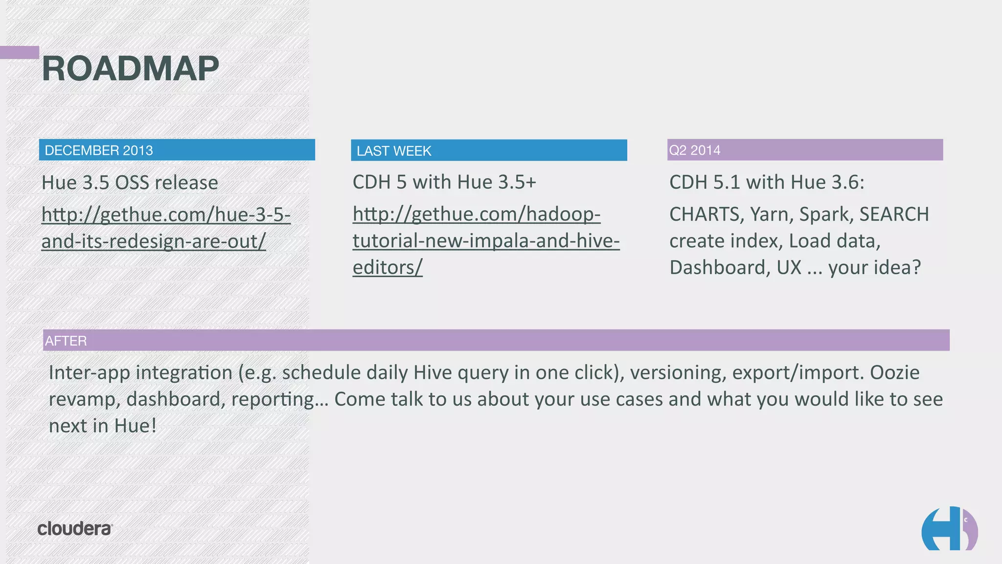 ROADMAP 
CDH	
  5	
  with	
  Hue	
  3.5+	
  
hp://gethue.com/hadoop-­‐
tutorial-­‐new-­‐impala-­‐and-­‐hive-­‐
editors/	
  
CDH	
  5.1	
  with	
  Hue	
  3.6:	
  
CHARTS,	
  Yarn,	
  Spark,	
  SEARCH	
  
create	
  index,	
  Load	
  data,	
  
Dashboard,	
  UX	
  ...	
  your	
  idea?
Inter-­‐app	
  integraTon	
  (e.g.	
  schedule	
  daily	
  Hive	
  query	
  in	
  one	
  click),	
  versioning,	
  export/import.	
  Oozie	
  
revamp,	
  dashboard,	
  reporTng…	
  Come	
  talk	
  to	
  us	
  about	
  your	
  use	
  cases	
  and	
  what	
  you	
  would	
  like	
  to	
  see	
  
next	
  in	
  Hue!
Hue	
  3.5	
  OSS	
  release	
  
hp://gethue.com/hue-­‐3-­‐5-­‐
and-­‐its-­‐redesign-­‐are-­‐out/	
  
DECEMBER 2013 LAST WEEK Q2 2014
AFTER
 