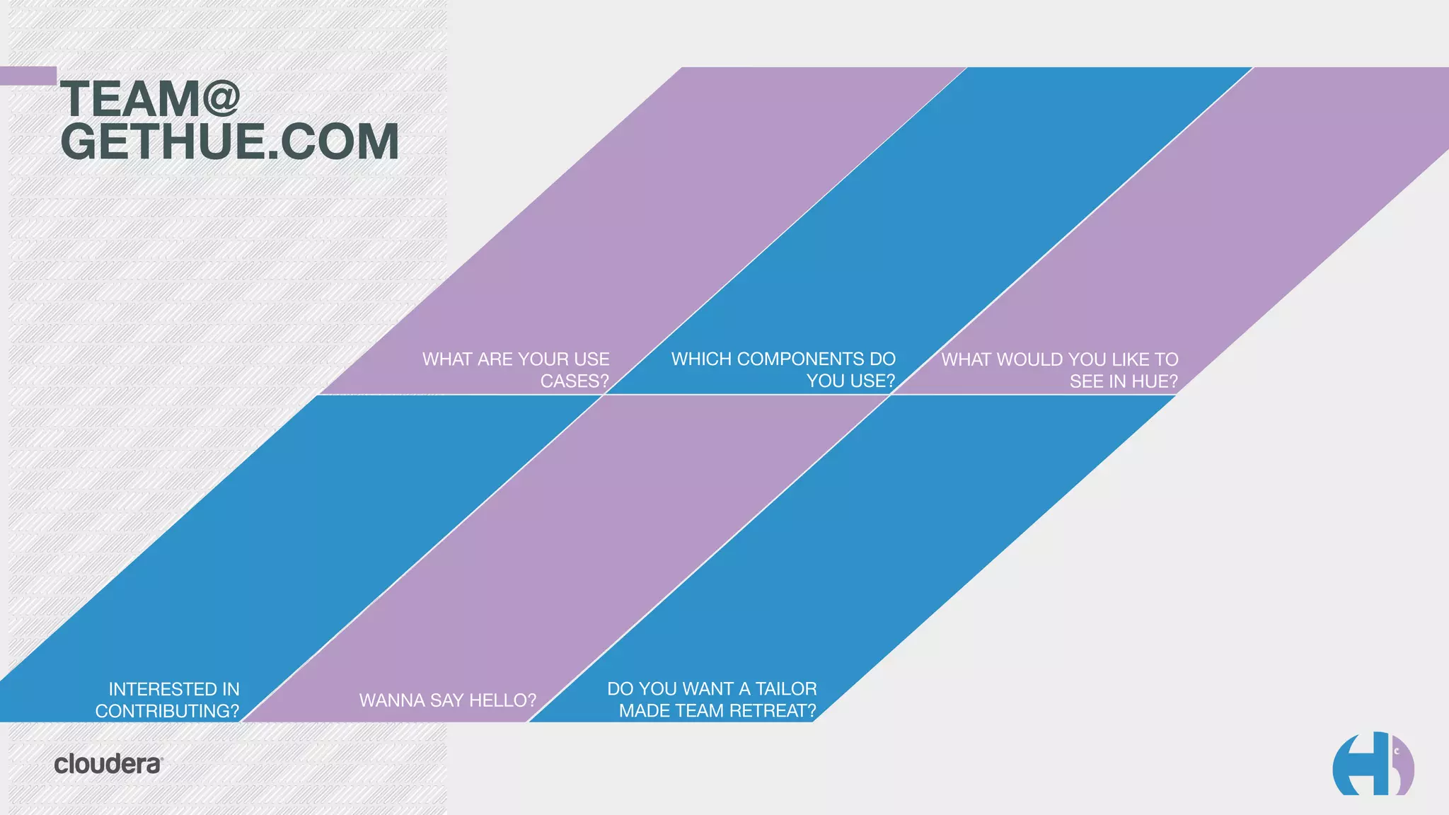 WHAT ARE YOUR USE
CASES?
WHICH COMPONENTS DO
YOU USE?
WHAT WOULD YOU LIKE TO
SEE IN HUE?
INTERESTED IN
CONTRIBUTING?
WANNA SAY HELLO?
DO YOU WANT A TAILOR
MADE TEAM RETREAT?
TEAM@
GETHUE.COM
 