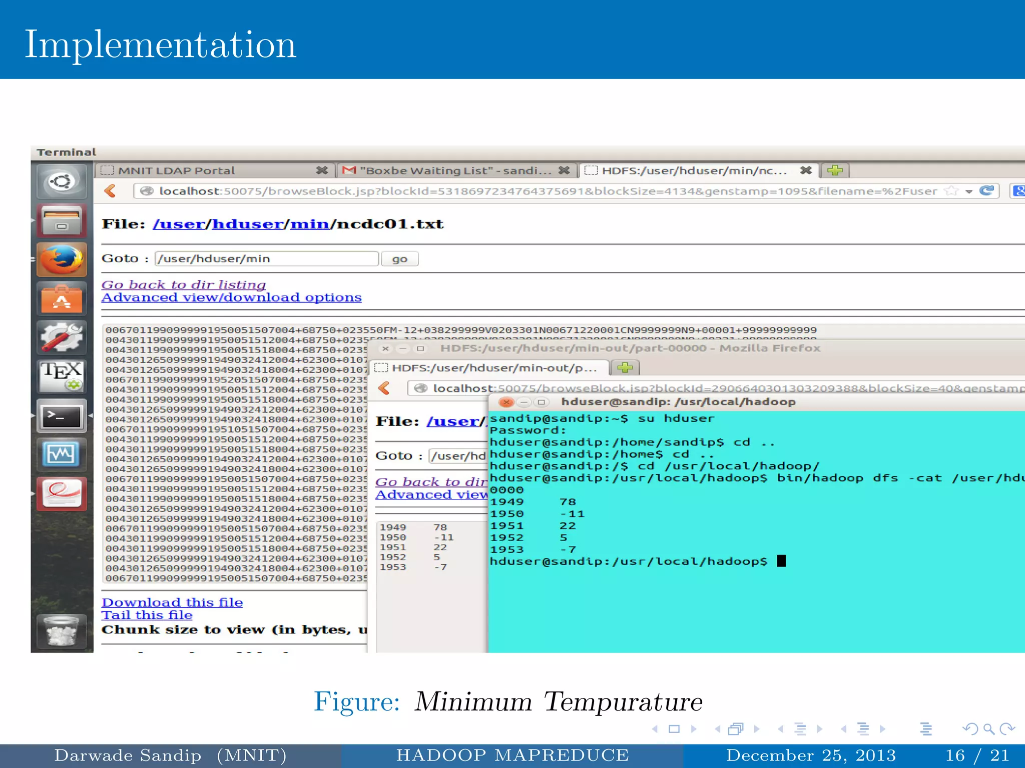 Implementation
Figure: Minimum Tempurature
Darwade Sandip (MNIT) HADOOP MAPREDUCE December 25, 2013 16 / 21
 