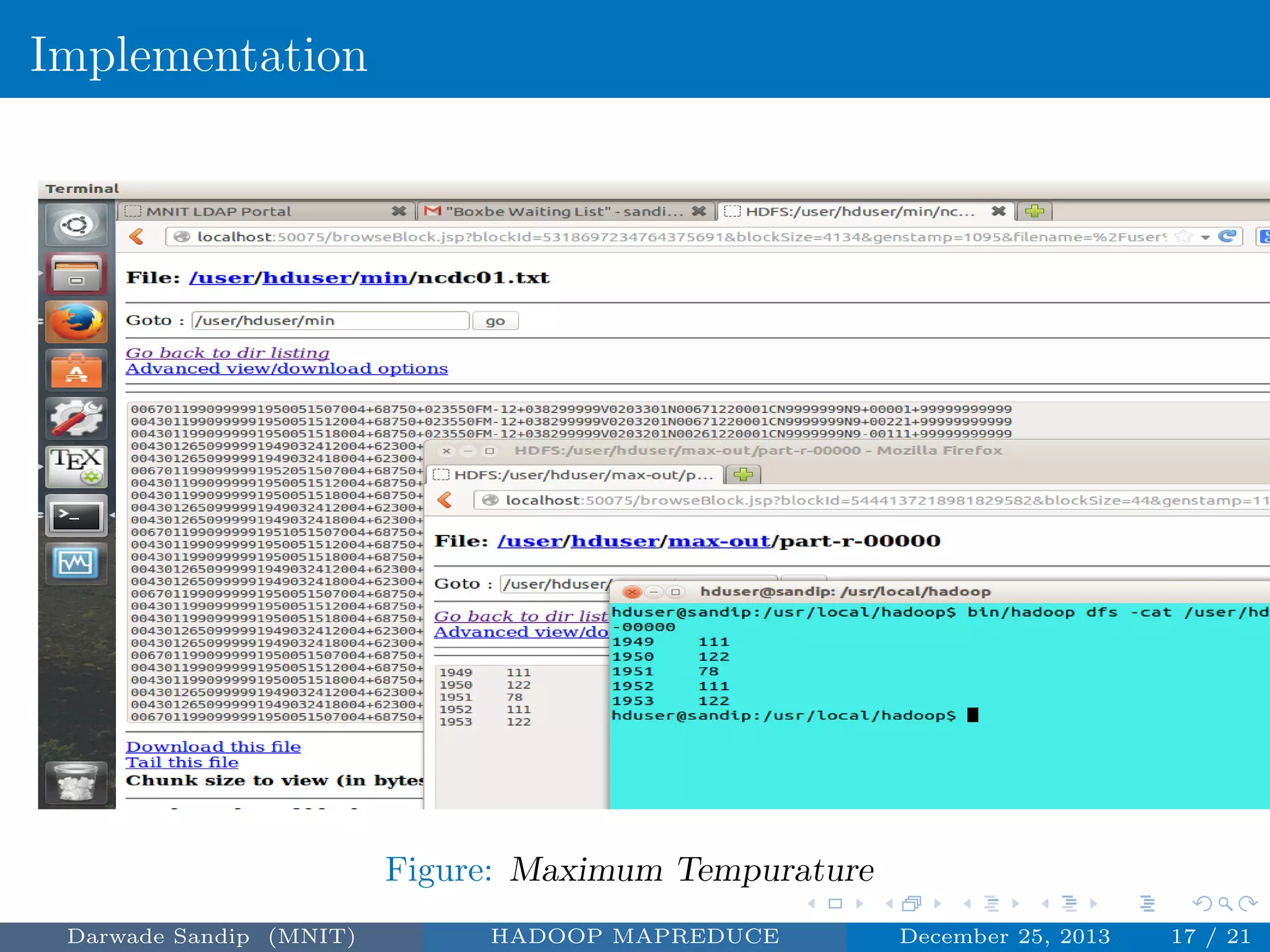 Implementation
Figure: Maximum Tempurature
Darwade Sandip (MNIT) HADOOP MAPREDUCE December 25, 2013 17 / 21
 
