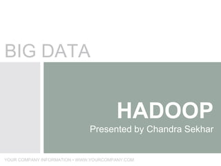 HADOOP 
BIG DATA 
Presented by Chandra Sekhar 
YOUR COMPANY INFORMATION • WWW.YOURCOMPANY.COM 
 