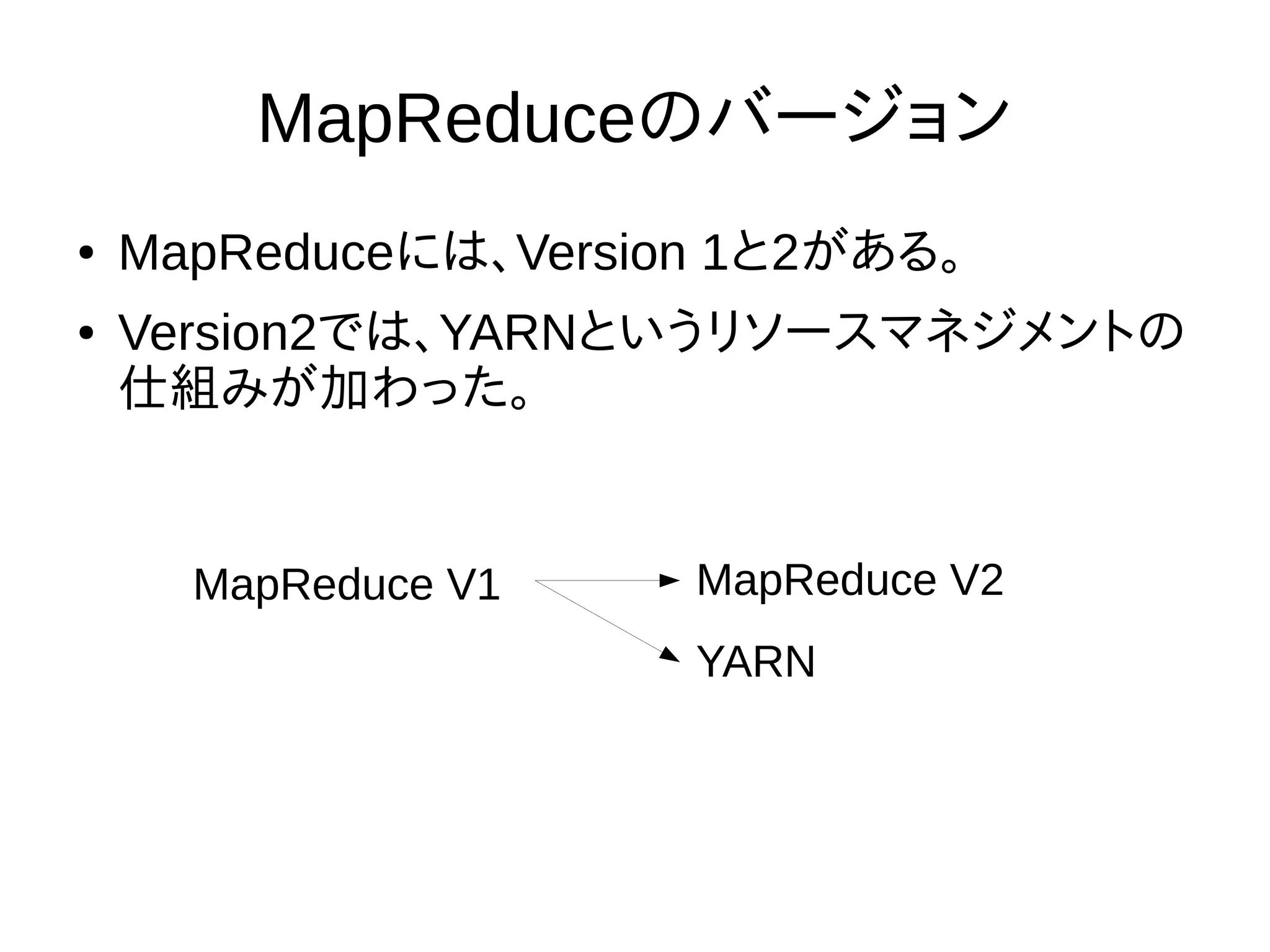 MapReduceのバージョン
● MapReduceには、Version 1と2がある。
● Version2では、YARNというリソースマネジメントの
仕組みが加わった。
MapReduce V1 MapReduce V2
YARN
 