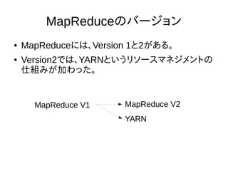 MapReduceのバージョン
● MapReduceには、Version 1と2がある。
● Version2では、YARNというリソースマネジメントの
仕組みが加わった。
MapReduce V1 MapReduce V2
YARN
 