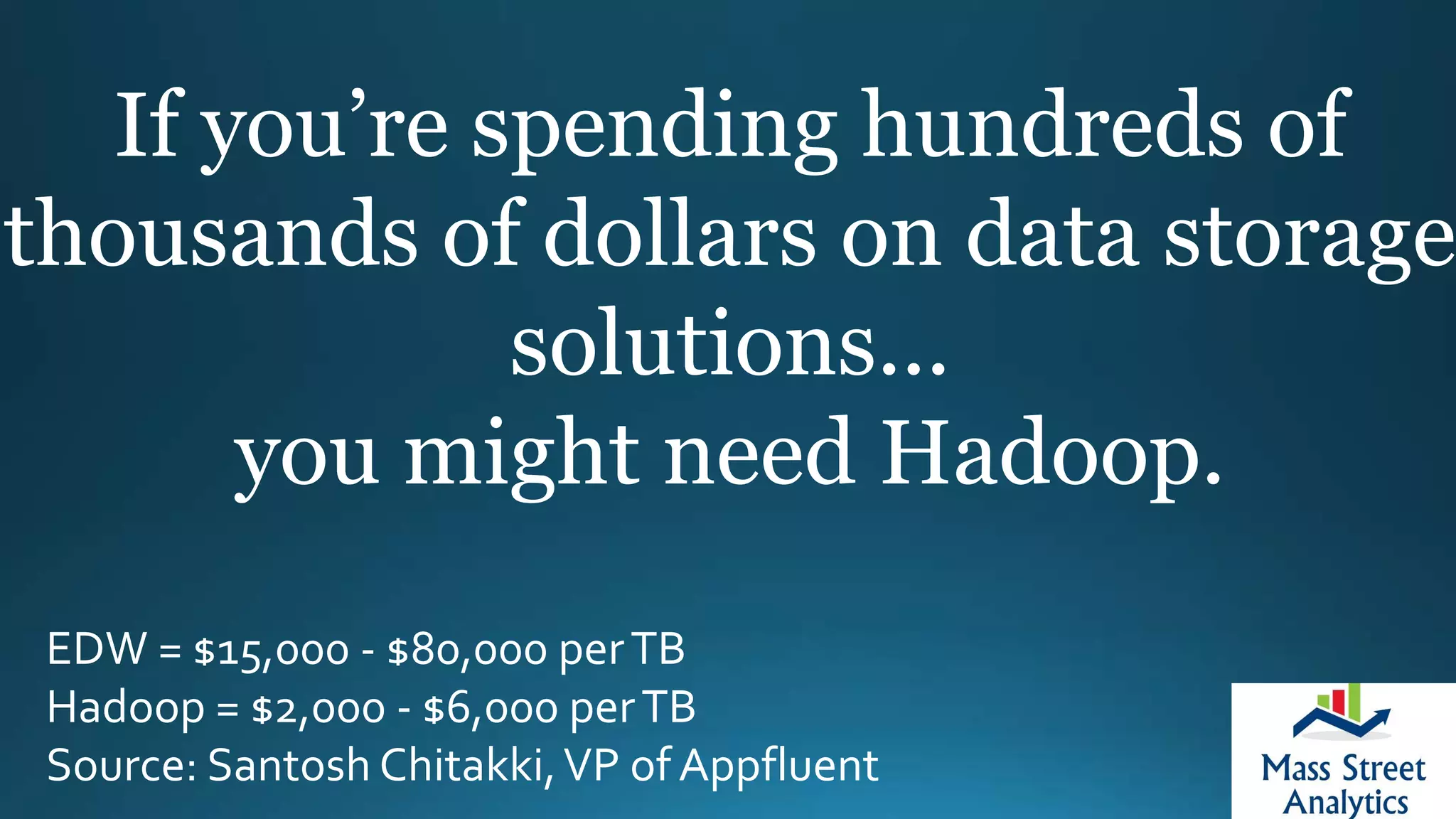 If you’re spending hundreds of
thousands of dollars on data storage
solutions...
you might need Hadoop.
EDW = $15,000 - $80,000 perTB
Hadoop = $2,000 - $6,000 perTB
Source: Santosh Chitakki,VP of Appfluent
 