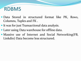 RDBMS
 Data Stored in structured format like PK, Rows,
Columns, Tuples and FK .
 It was for just Transactional data analysis.
 Later using Data warehouse for offline data.
 Massive use of Internet and Social Networking(FB,
Linkdin) Data become less structured.
 