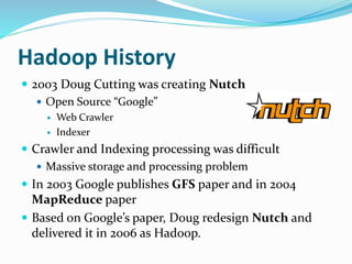 Hadoop History
 2003 Doug Cutting was creating Nutch
 Open Source “Google”
 Web Crawler
 Indexer
 Crawler and Indexing processing was difficult
 Massive storage and processing problem
 In 2003 Google publishes GFS paper and in 2004
MapReduce paper
 Based on Google’s paper, Doug redesign Nutch and
delivered it in 2006 as Hadoop.
 