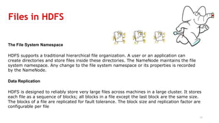 Files in HDFS
13
HDFS supports a traditional hierarchical file organization. A user or an application can
create directories and store files inside these directories. The NameNode maintains the file
system namespace. Any change to the file system namespace or its properties is recorded
by the NameNode.
The File System Namespace
Data Replication
HDFS is designed to reliably store very large files across machines in a large cluster. It stores
each file as a sequence of blocks; all blocks in a file except the last block are the same size.
The blocks of a file are replicated for fault tolerance. The block size and replication factor are
configurable per file
 