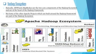  Hadoop Ecosystem
 Basically ,HDFS and MapReduce are the two core components of the Hadoop Ecosystem
and are at the heart of the Hadoop framework.
 But Some of the other Apache Projects which are built around the Hadoop Framework
are part of the Hadoop Ecosystem.
 
