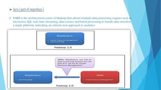 Yarn ( part of mapreduce )
 YARN is the architectural centre of Hadoop that allows multiple data processing engines such as
interactive SQL, real-time streaming, data science and batch processing to handle data stored in
a single platform, unlocking an entirely new approach to analytics.
 