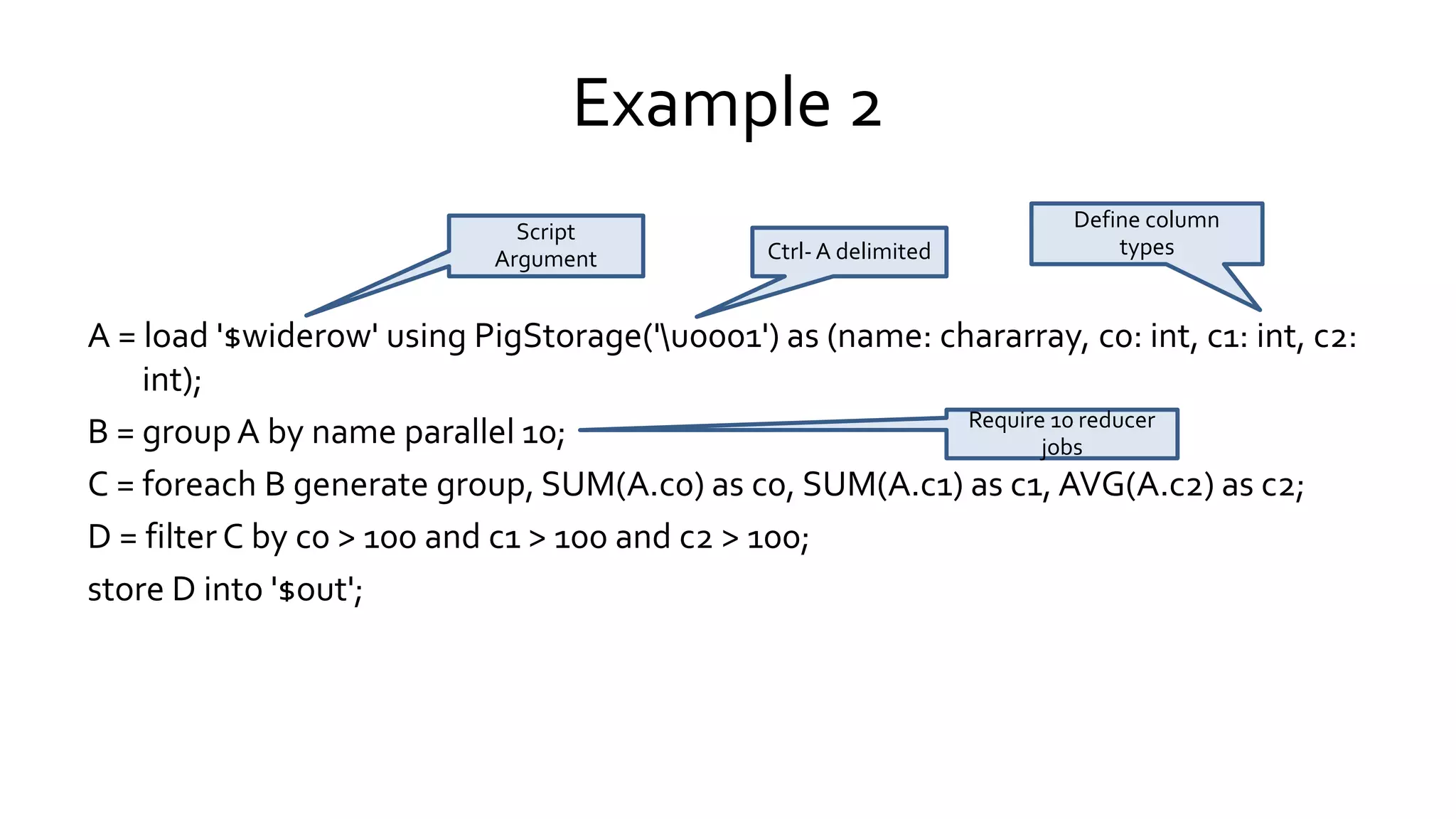 Example 2
A = load '$widerow' using PigStorage('u0001') as (name: chararray, c0: int, c1: int, c2:
int);
B = group A by name parallel 10;
C = foreach B generate group, SUM(A.c0) as c0, SUM(A.c1) as c1, AVG(A.c2) as c2;
D = filter C by c0 > 100 and c1 > 100 and c2 > 100;
store D into '$out';
Script
Argument
Ctrl- A
delimited
Define column
types
Require 10 reducer
jobs
 