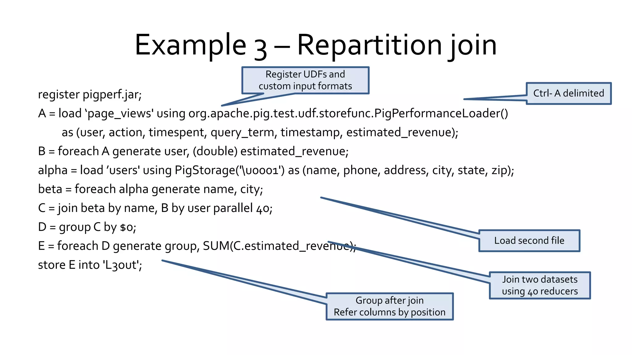 Example 3 – Repartition join
register pigperf.jar;
A = load ‘page_views' using org.apache.pig.test.udf.storefunc.PigPerformanceLoader()
as (user, action, timespent, query_term, timestamp, estimated_revenue);
B = foreach A generate user, (double) estimated_revenue;
alpha = load ’users' using PigStorage('u0001') as (name, phone, address, city, state, zip);
beta = foreach alpha generate name, city;
C = join beta by name, B by user parallel 40;
D = group C by $0;
E = foreach D generate group, SUM(C.estimated_revenue);
store E into 'L3out';
Register UDFs and
custom input formats Ctrl- A
delimited
Join two datasets
using 40 reducers
Load second file
Group after join
Refer columns by position
 