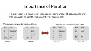 Importance of Partition
• If a job’s input is a huge set of tokens and their number of occurrences
and that you want to sort them by number of occurrences
Without using any customized partitioner Using some customized partitioner
 