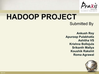 HADOOP PROJECT
Submitted By
Ankush Roy
Apuroop Pulabhatla
Ashitha VS
Krishna Bollojula
Srikanth Mallya
Koushik Rakshit
Roma Agrawal
 