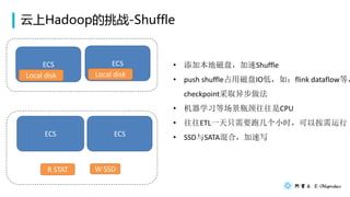 Hadoopս-Shuffle
ECS
Local disk
? ӱش̣Shuffle
? push shuffleռôIOͣ磺flink dataflowȣ
checkpointȡ첽
? ѧϰȳƿCPU
? ETLһֻҪܼСʱ԰
? SSDSATAϣд
ECS
Local disk
ECS ECS
W SSDR STAT
 
