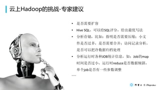 Hadoopս-רҽ
? ǷҪ
? Hive SQLԸSQL֣д
? 洢磺ָǷҪѹС
Ƿ࣬ǷҪϲʼ¼
Ƿ԰ݹ鵵
? ʱJOBͳϢ磺Jobmap
ʱǷСʱreduceǷб
jobǷһЩ

 