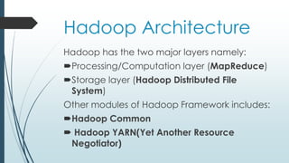 Hadoop Architecture
Hadoop has the two major layers namely:
Processing/Computation layer (MapReduce)
Storage layer (Hadoop Distributed File
System)
Other modules of Hadoop Framework includes:
Hadoop Common
 Hadoop YARN(Yet Another Resource
Negotiator)
 